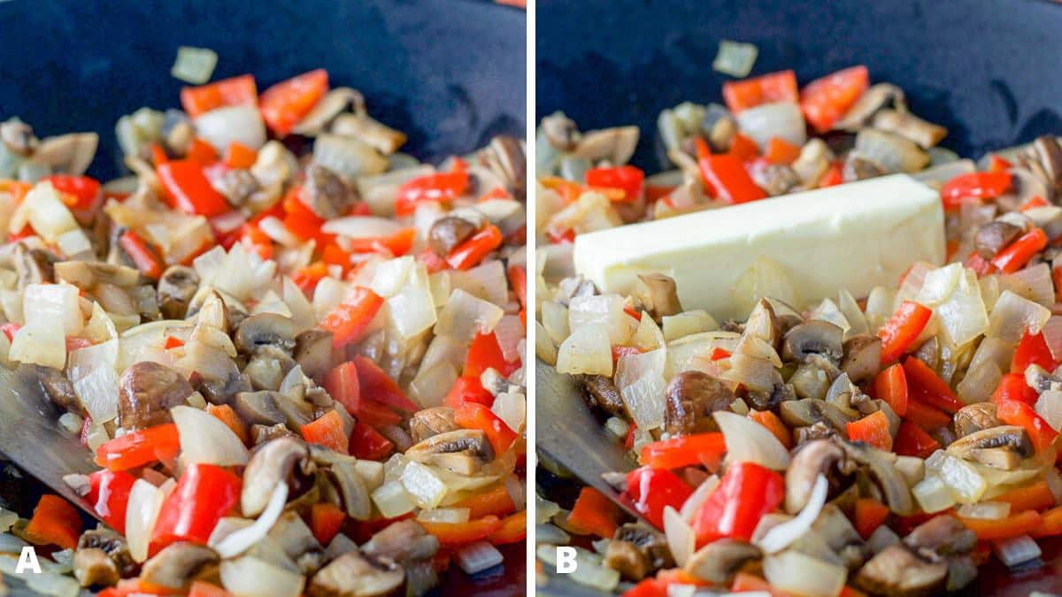 Mushrooms, pepper, onions and a stick of butter in a wok cooking