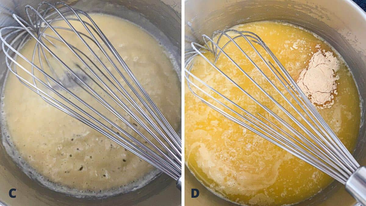 Butter and flour whisked into a roux and broth added along with spices