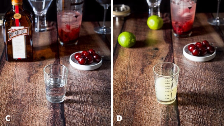 Cointreau poured out and lime squeezed and measured with the Cointreau bottle and whole limes behind them