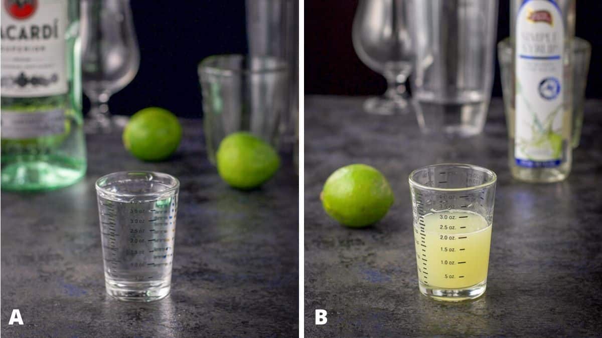 Rum and lime juice poured out with the bottle and limes in the background