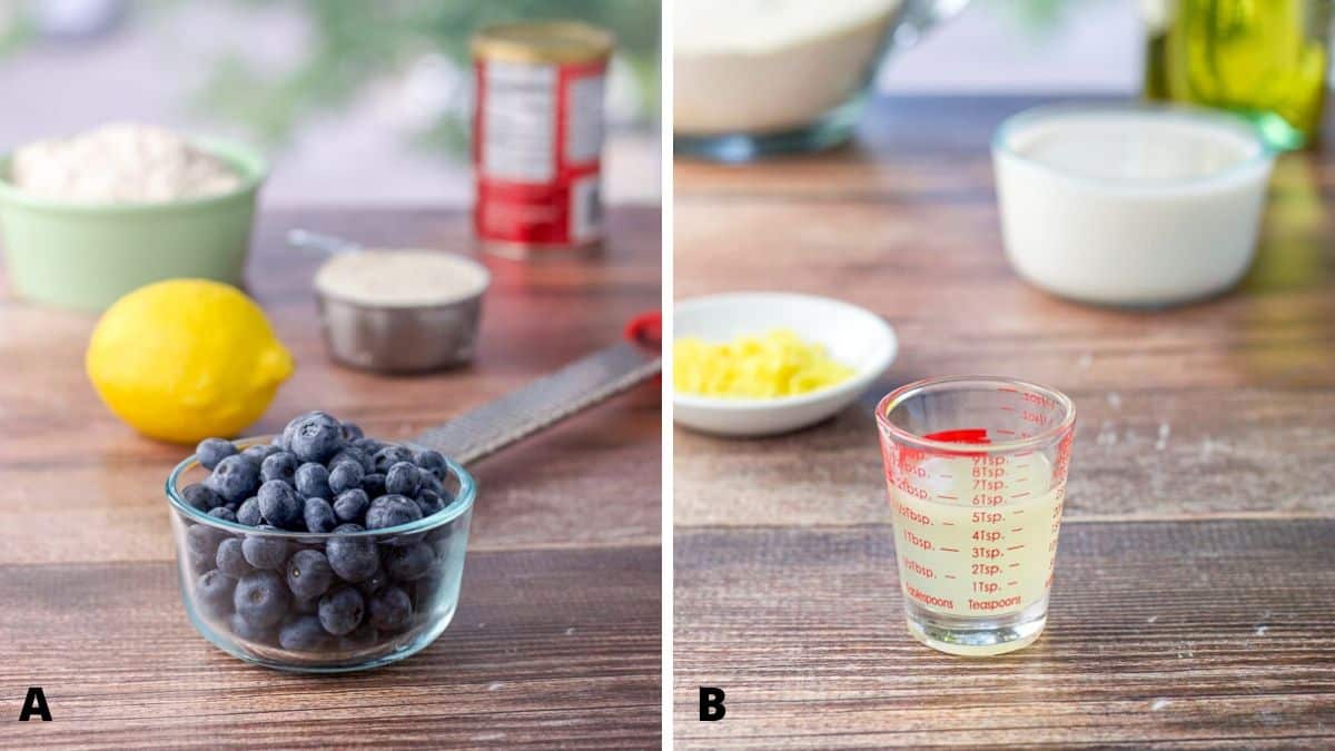 Photo on left - blueberries, flour, sugar, baking powder and lemon on a wooden board. On right - lemon juice, zest, milk and oil