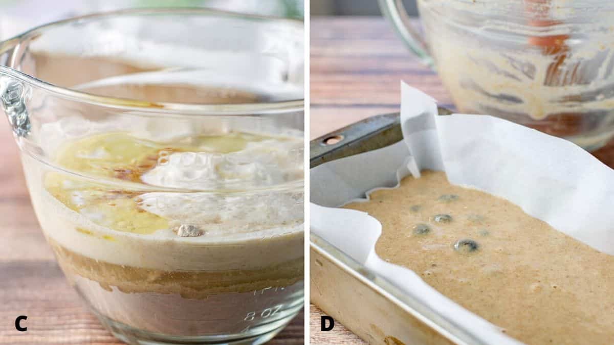 All the ingredients in a glass bowl and the batter in the pan with parchment paper