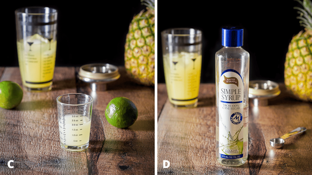 Lime juice and simple syrup measured for the cocktail with limes and the bottle in the background