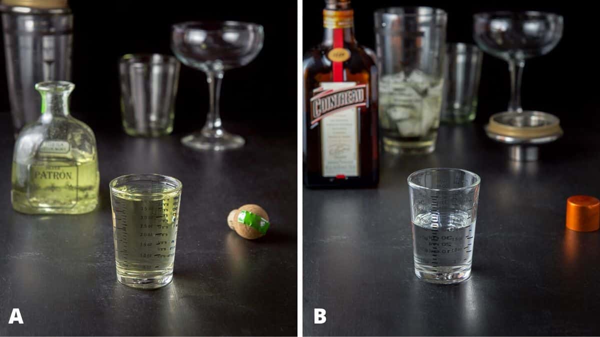 Jalapeño tequila measured out with the bottle, glasses and shaker behind it on the left and the orange liqueur poured out with the bottle on the right