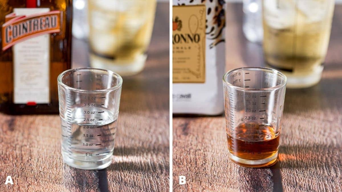 Orange liqueur and amaretto measured out with the bottles in the background