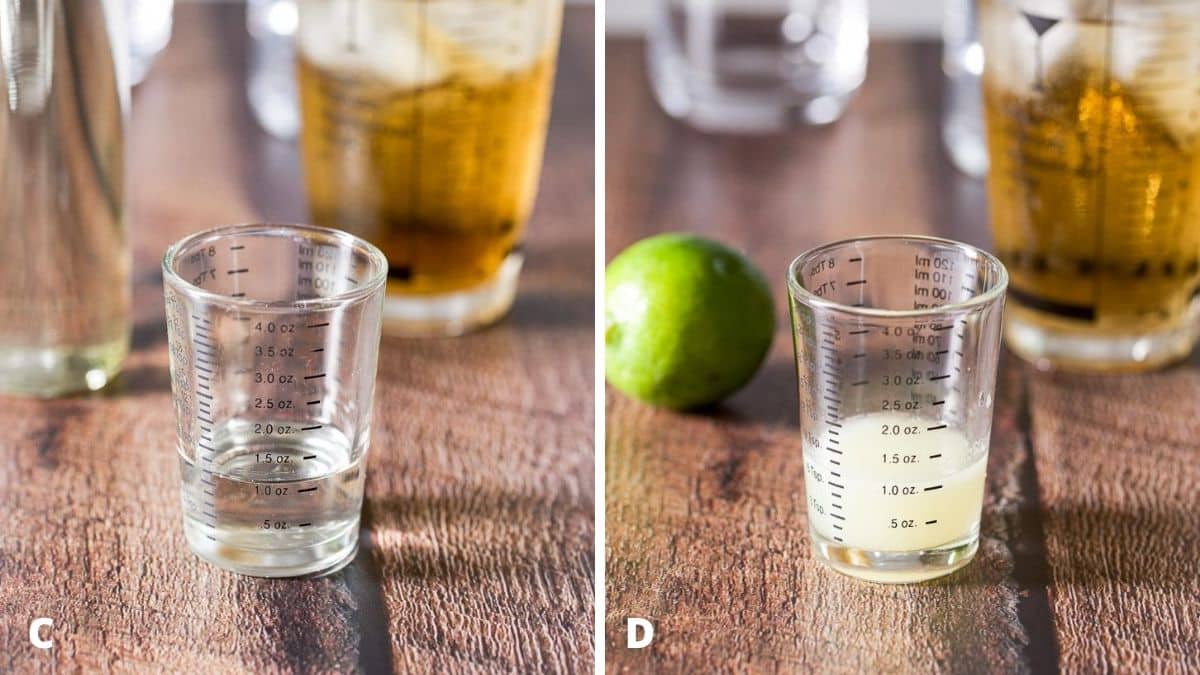 Simple syrup and lime poured out with the bottle and fruit in the background
