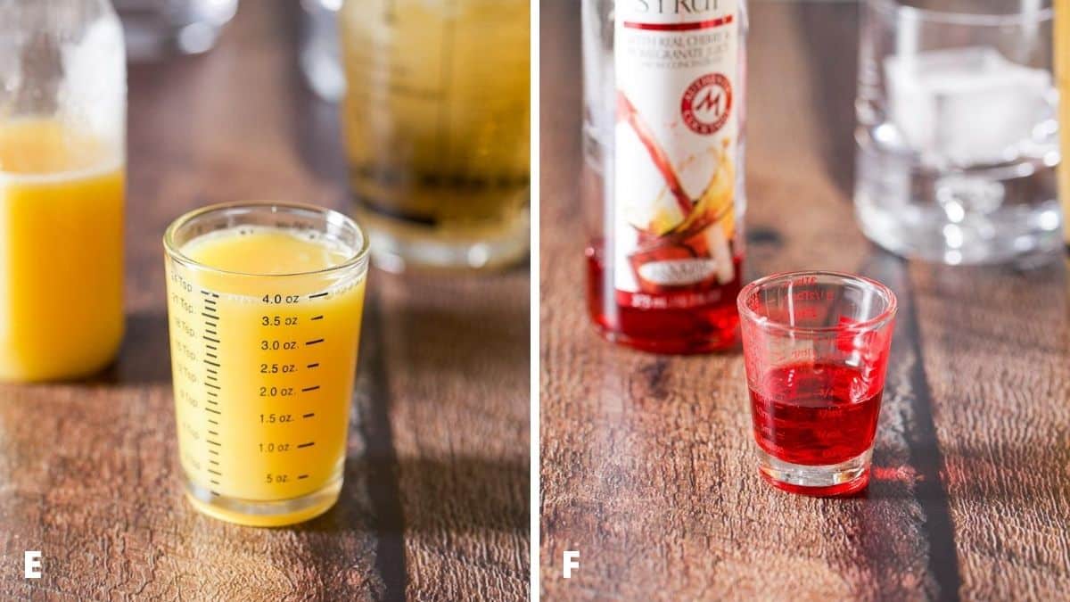 Orange juice and grenadine measured out with the bottles in the background