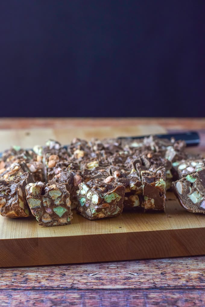 Fudge cut on a cutting board