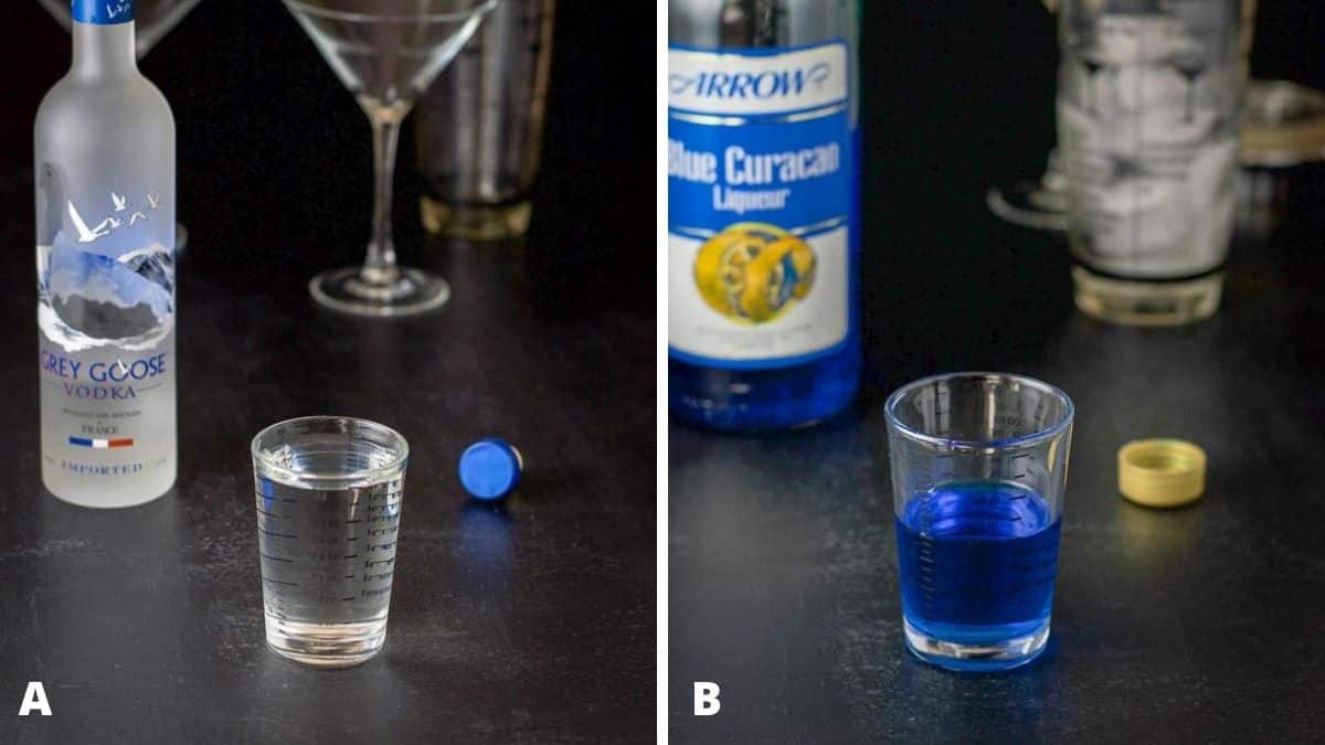 Vodka and blue curacao measured out with the bottles and cocktail shaker in the background