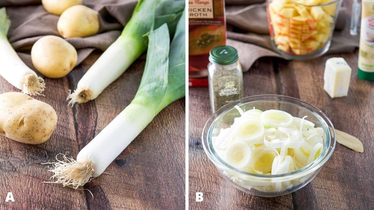 Leeks and potatoes on the left and sliced leeks and chopped potatoes in the background