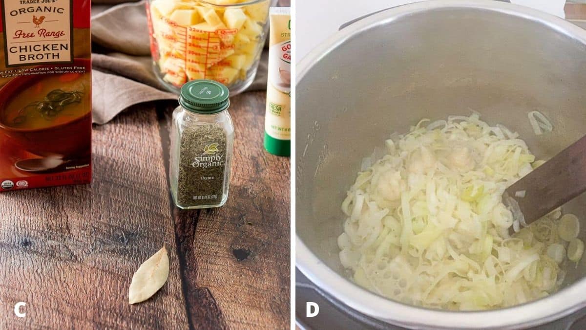 Bay leaf, chicken broth, dried thyme, garlic paste and potatoes on the left and the insert with the sautéed leeks and garlic paste on the right