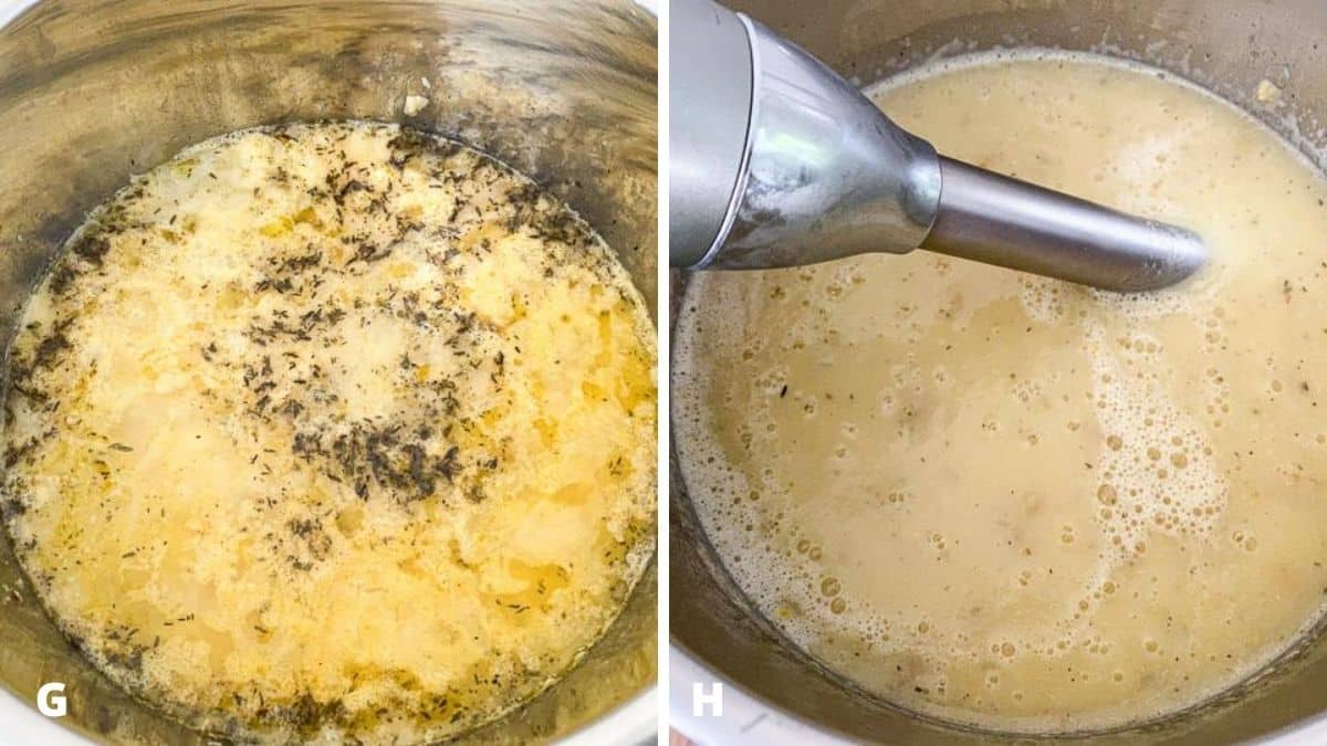 The insert with the soup done on the left and an immersion blender in the soup on the right