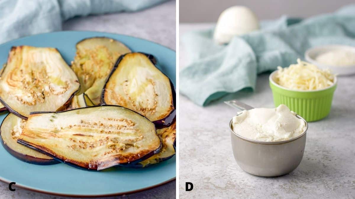On left - sautéed eggplant on a blue plate. On right - ricotta and cheeses on the table