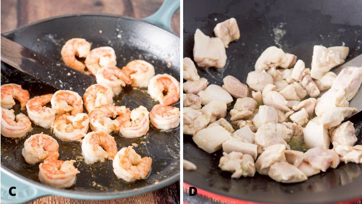 On the left - sautéed shrimp in a pan and on the right - sautéed chicken in a wok