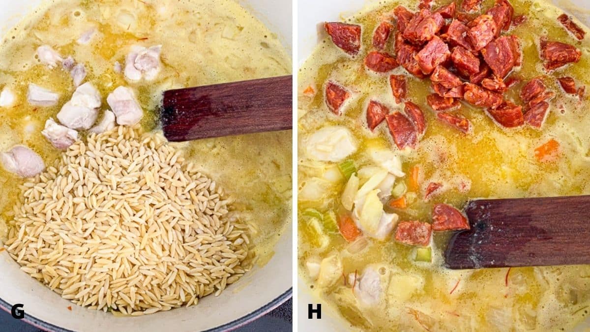On the left - chicken broth and orzo added to the pan and on the right - chorizo added for the soup