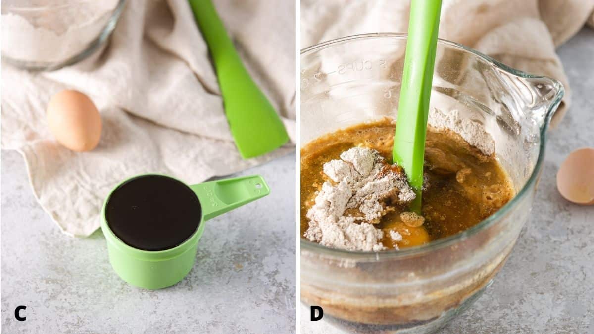 On the left - molasses, egg and oil and on the right - all the ingredients in the bowl with the dry ingredients