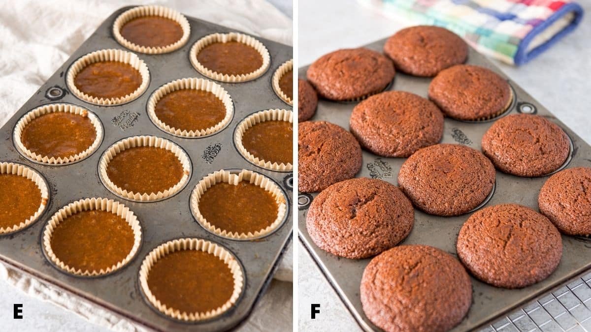 Gingerbread batter in the muffin pan and then baked and on a wire rack