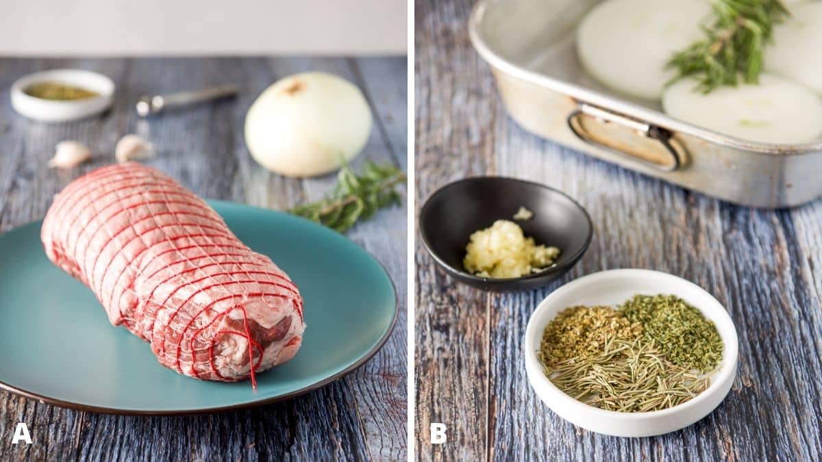 Left - Trussed up leg of lamb on a blue platter with rosemary, onion, garlic and herbs. Right - herbs, crushed garlic and a pan with sliced onions and fresh rosemary