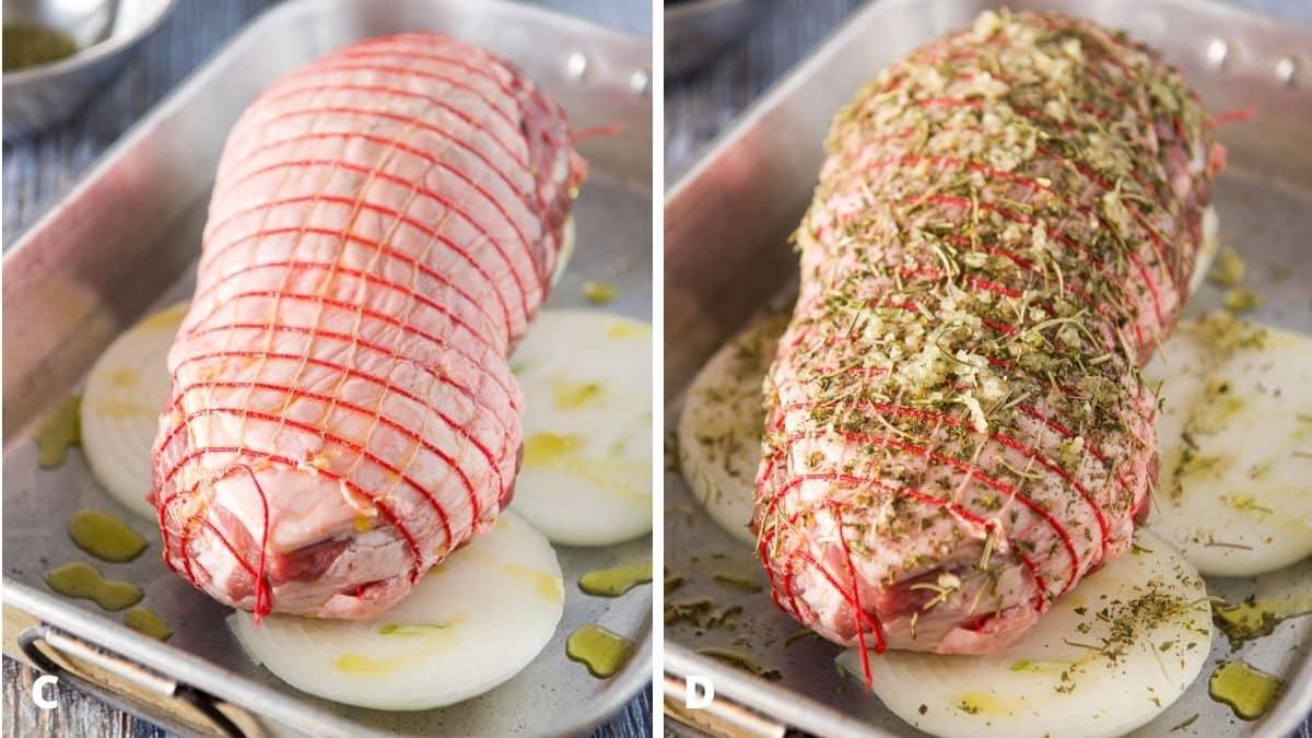 Left - Lamb in a pan on onions with oil dribbled on it. Right - herbs and garlic rubbed on the lamb