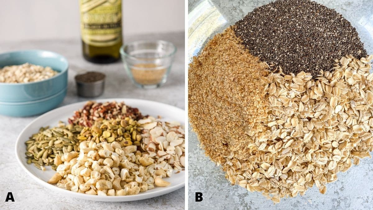 Left - A white plate with nuts and seeds, a bowl of oats, chia seeds, flax meal and oil. Right - Overhead view of a bowl with oats, chia seeds and the flax meal