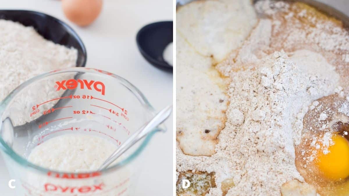 Left - bubbly yeast, flour, egg, baking soda. Right - the dry ingredients with the wet in a metal container