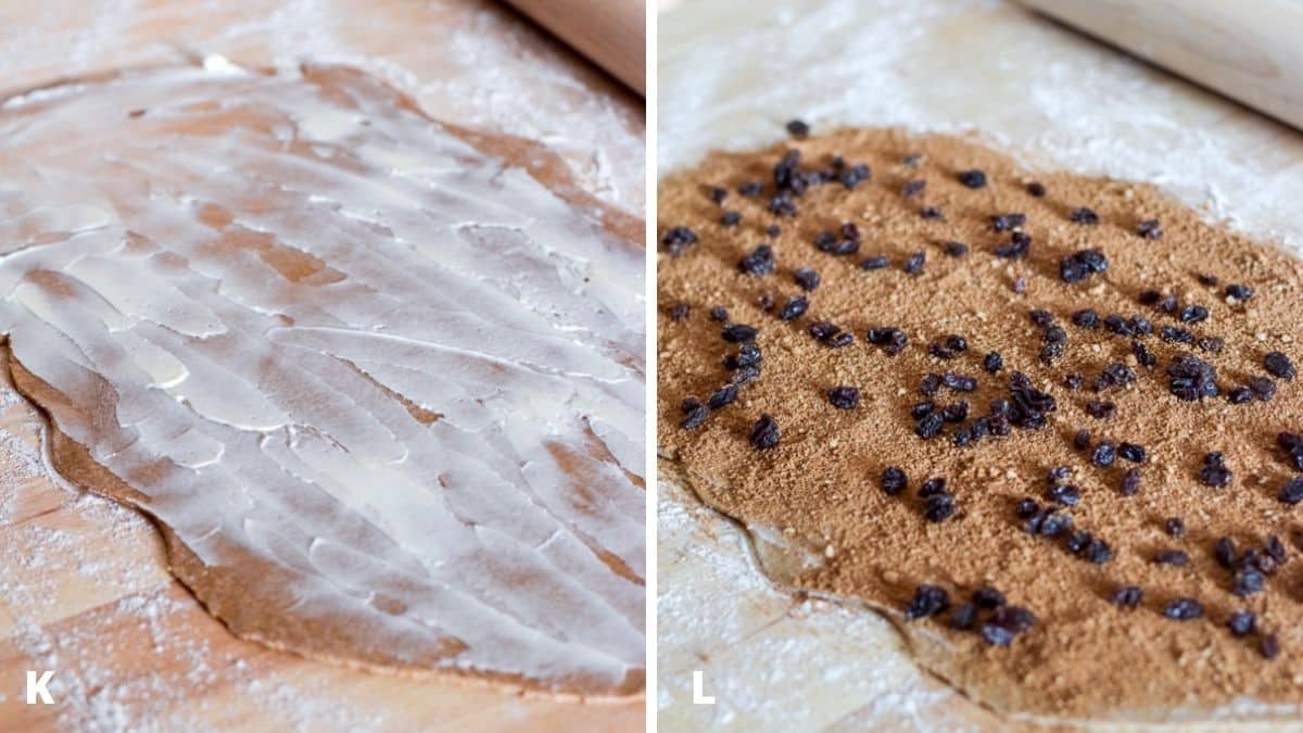 Left - butter spread on the rolled out dough. Right - cinnamon mixture on the dough