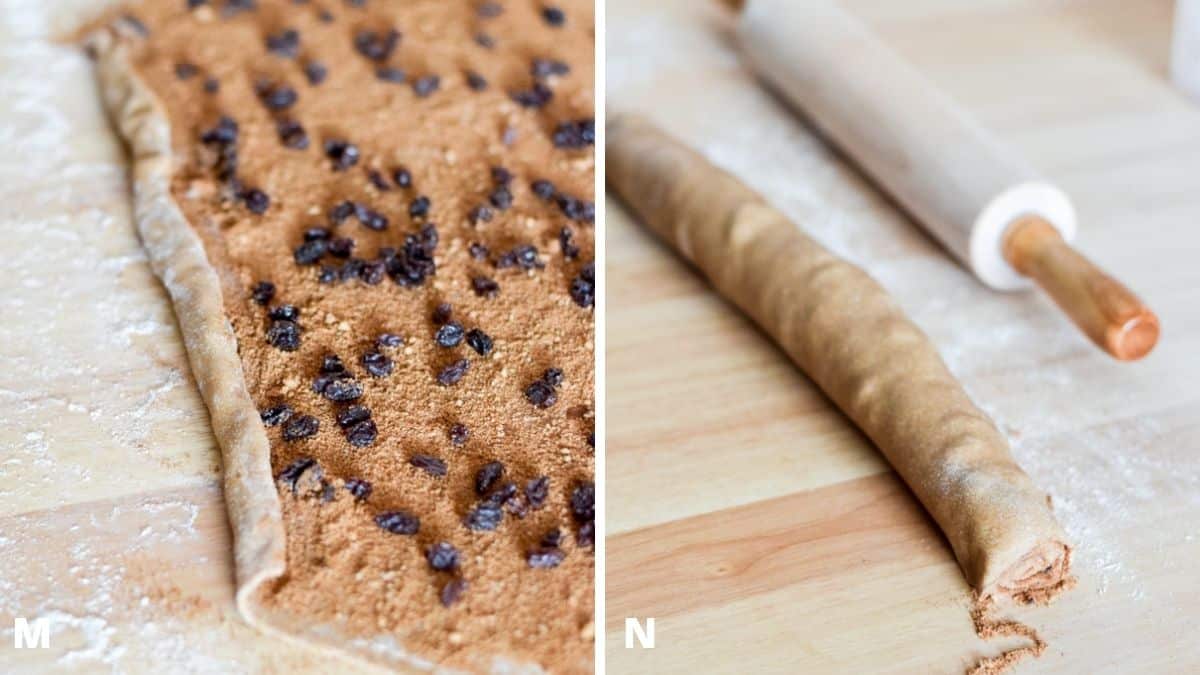 Left - dough and filling being rolled up. Right - the dough rolled up in a tube