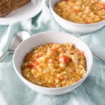 Two grey bowls filled with the thick soup - square