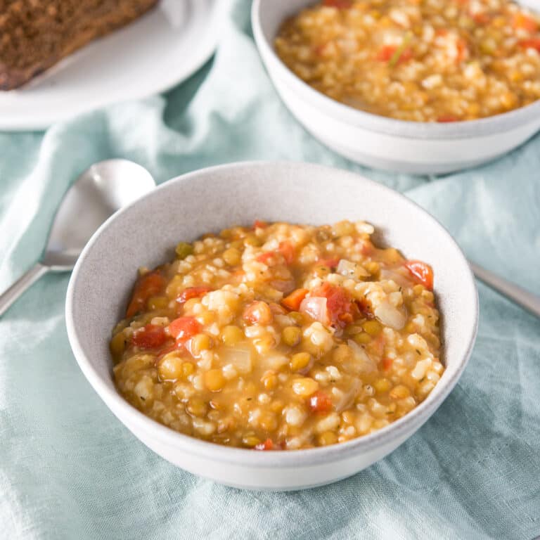 Two grey bowls filled with the thick soup - square