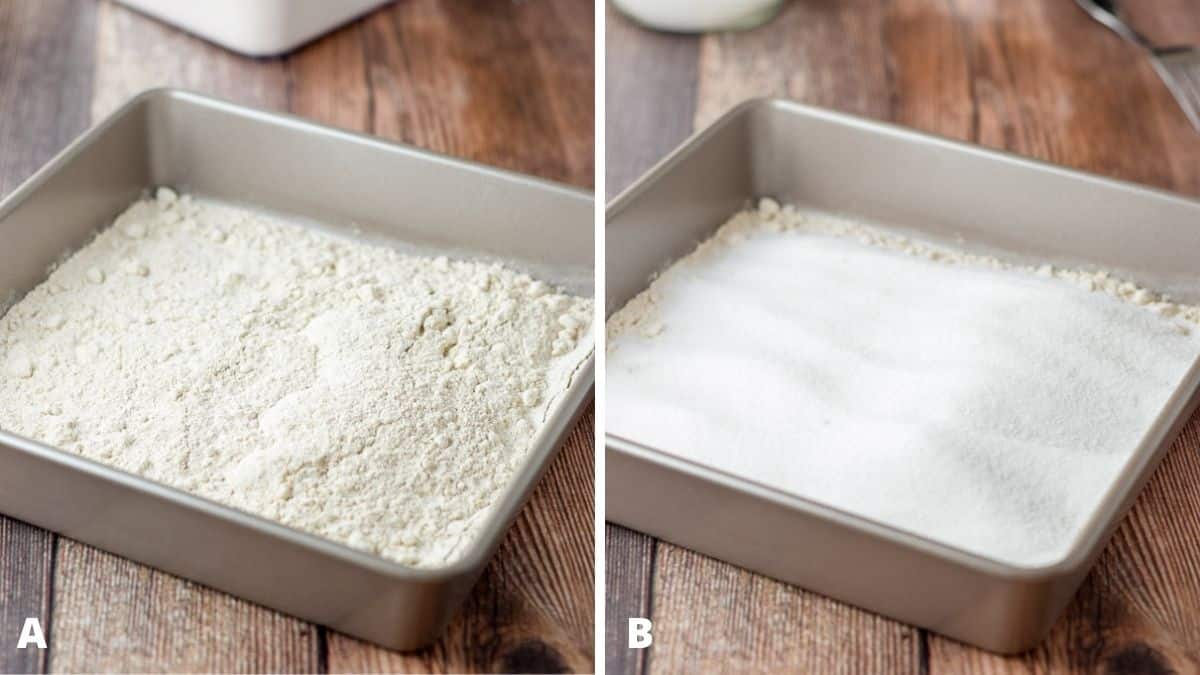 Left - flour in a pan. Right - sugar added to the pan