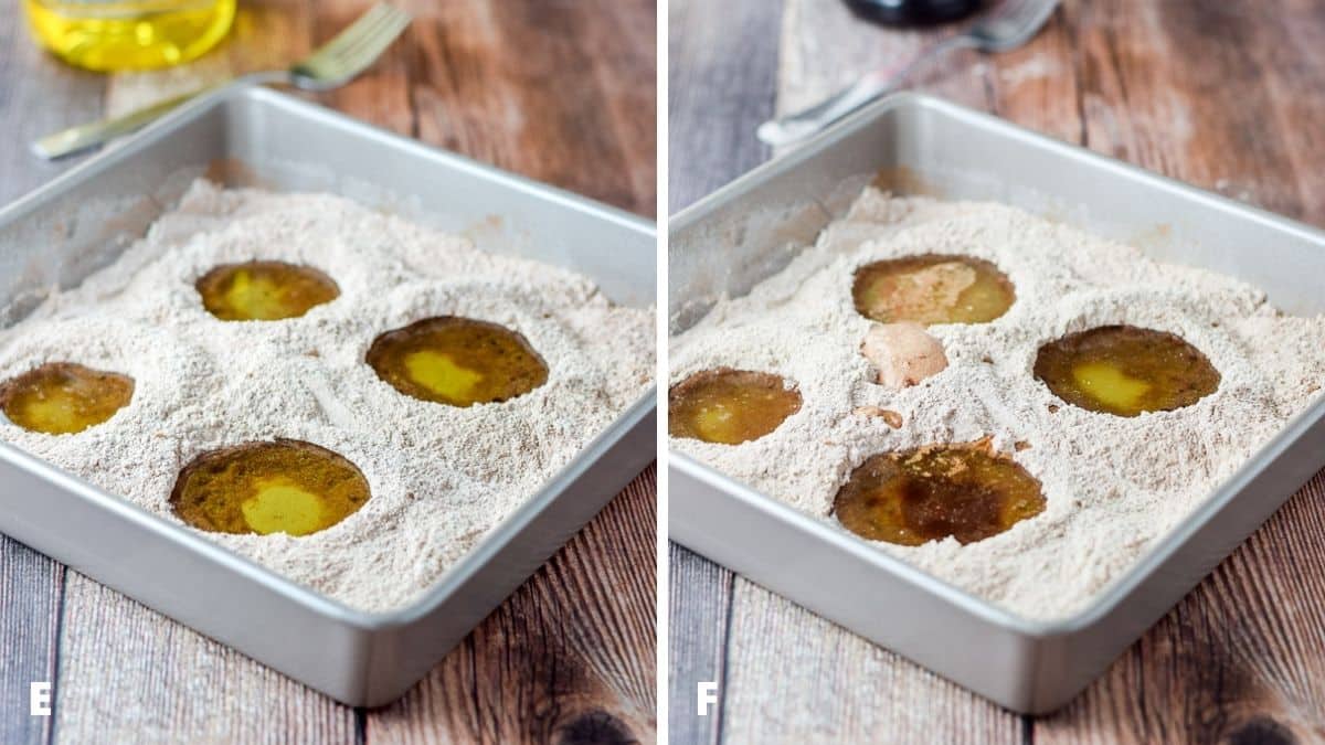 Left - oil poured into four holes in the pan. Right - vanilla added to the holes in the pan