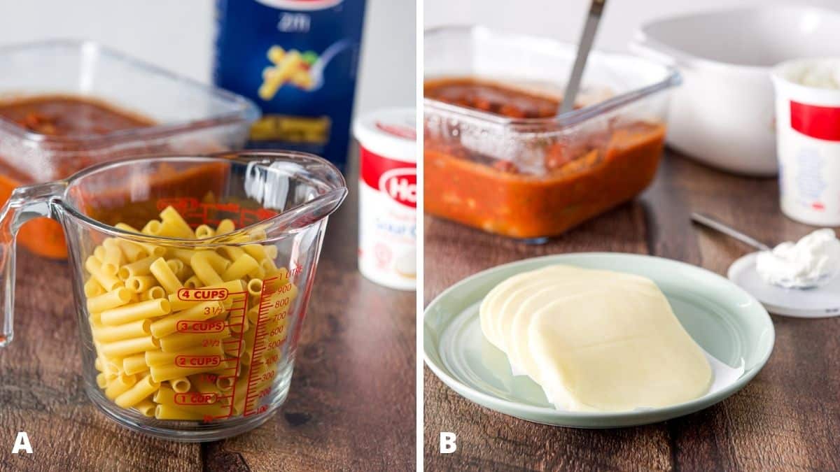 Left - Dry ziti in a measuring glass with sour cream and gravy in the back. Right - provolone cheese on a green plate, sour cream and red sauce in the back