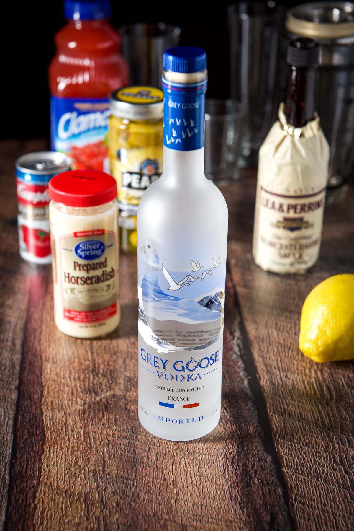 Vodka, lemon, horseradish, Worcestershire sauce, olives, tomato and clamato juice