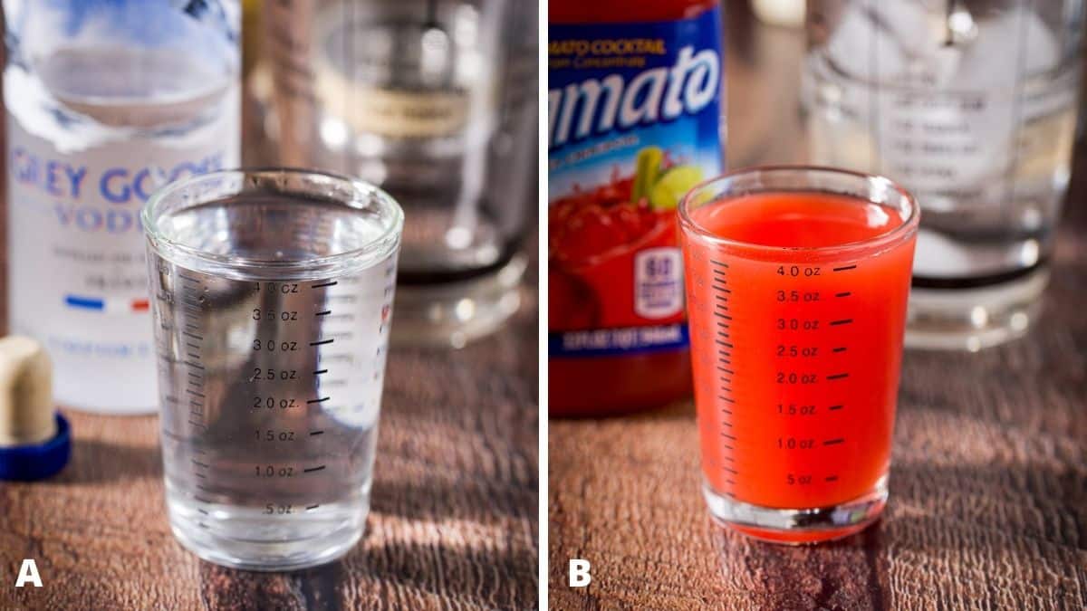 Left - vodka measured out with the bottle behind it. Right - clamato juice measured out with the bottle and shaker behind
