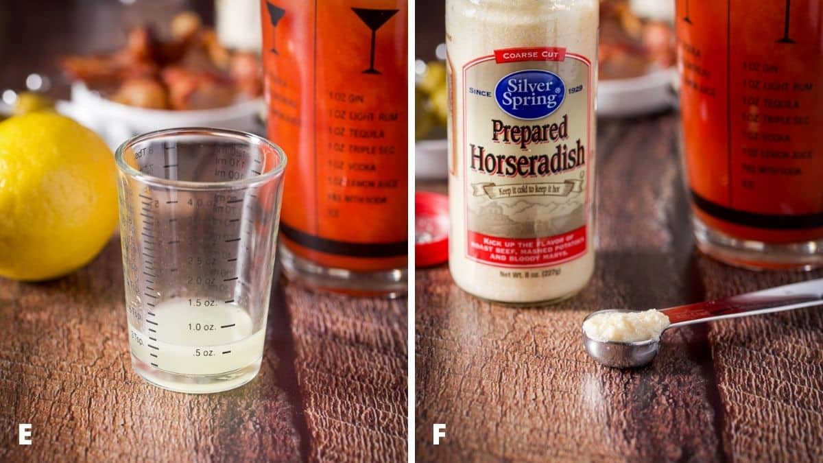 Left - lemon measured out with the lemon and shaker behind. Right - horseradish in a teaspoon with the jar behind it
