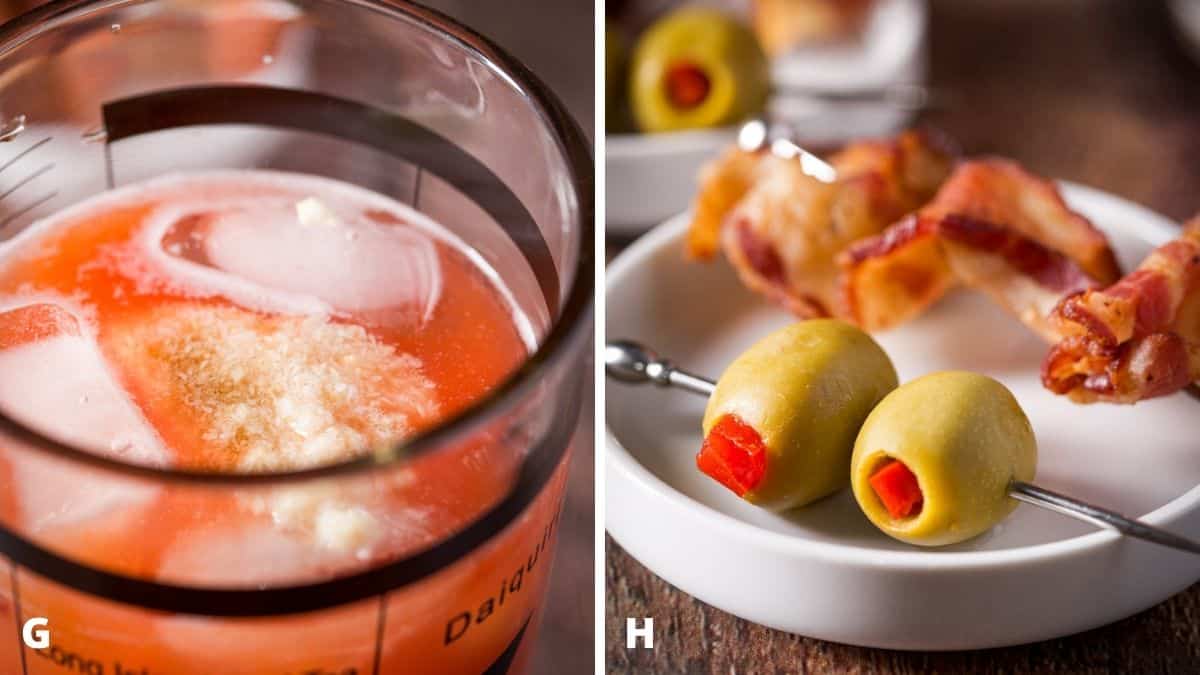 Left - horseradish, tabasco and Worcestershire sauce in the shaker. Right - a white plate with two olives and bacon on skewers