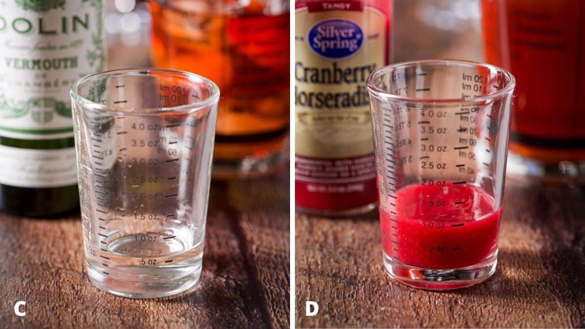 Left - vermouth measured with bottle and shaker. Right - cranberry horseradish measured with the jar and shaker