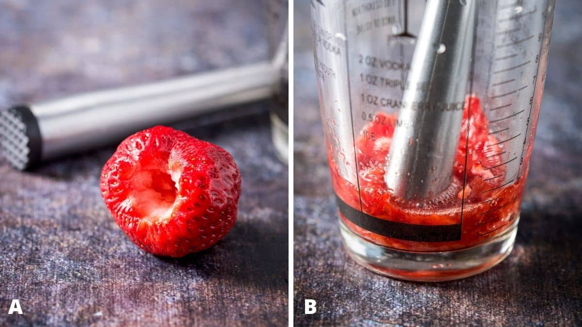 Left - hulled strawberry with a muddler. Right - shaker with the strawberry muddled