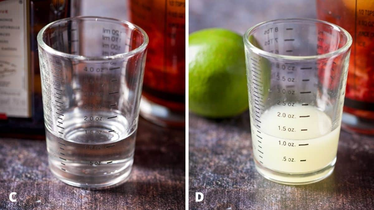 Left - cointreau measured out. Right - lime measured out