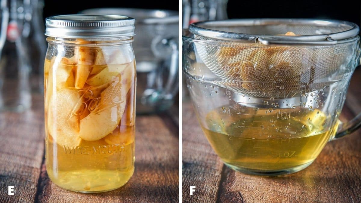 Left - the apples in the jar of vodka. Right - sieve with apples in it over the apple vodka in a bowl