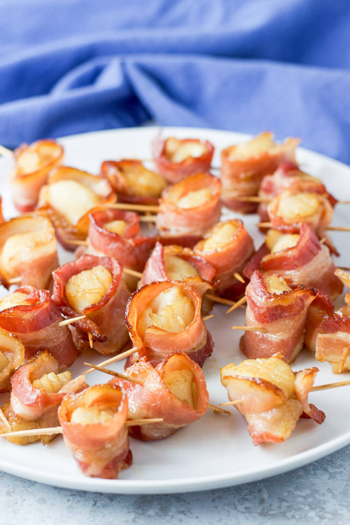 White plate with scallops wrapped in bacon