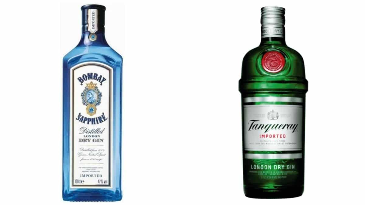 Bombay Sapphire and Tanqueray bottles