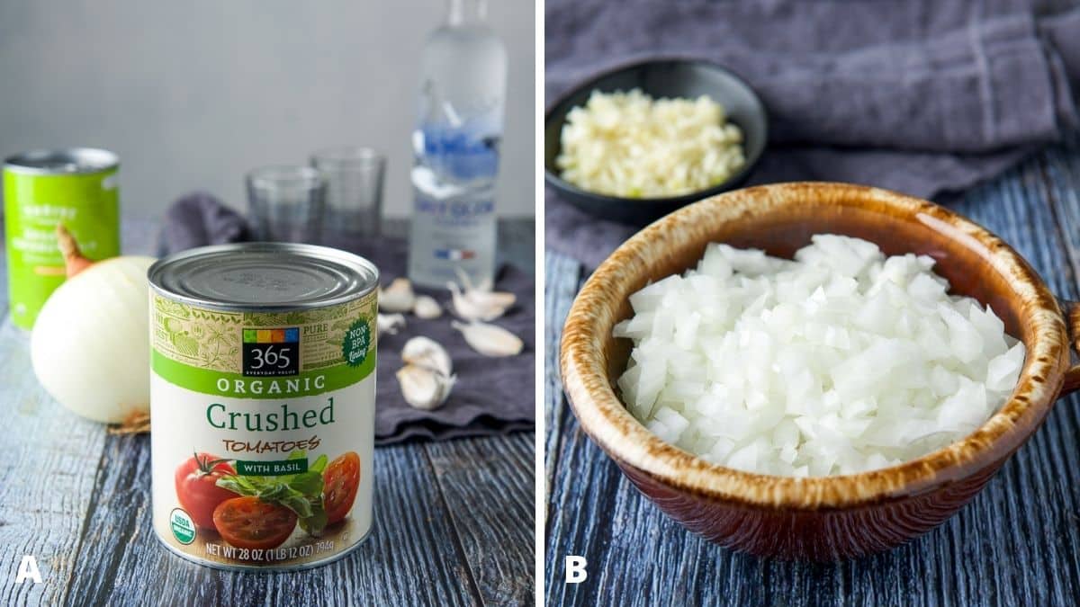 Left -crushed tomatoes, onion, garlic, coconut milk, and vodka. Right - diced onion and garlic