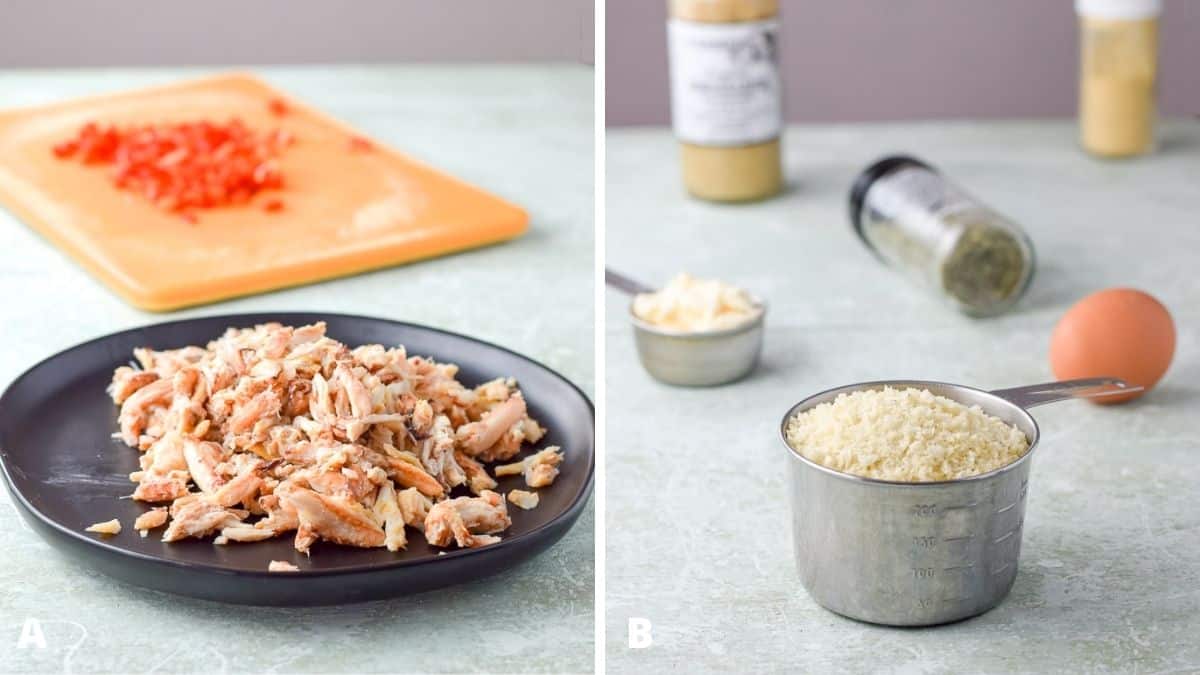 Left - crabmeat on a plate and red pepper. Right - crab mixture in a bowl. Right - shallow bowl with bread crumbs covering a crab cake