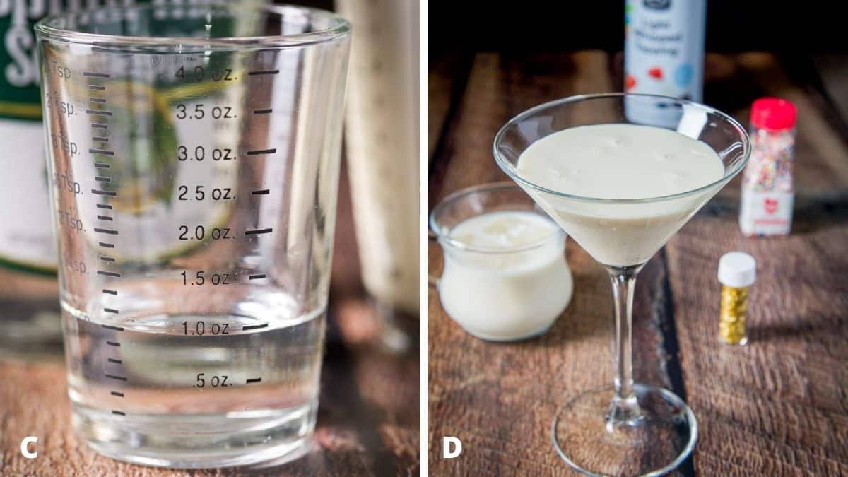 Peppermint schnapps measured out and the cocktail poured into the glasses waiting for garnish
