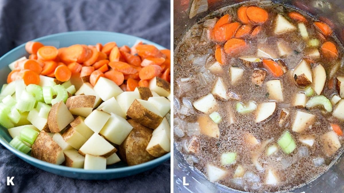 chopped carrots, celery and potatoes in a green bowl. Right - vegetables added to the stew