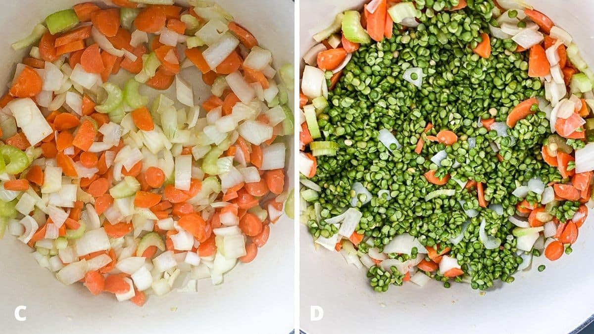 Left - vegetables sautéed in a pan. Right - washed split peas in with the vegetables