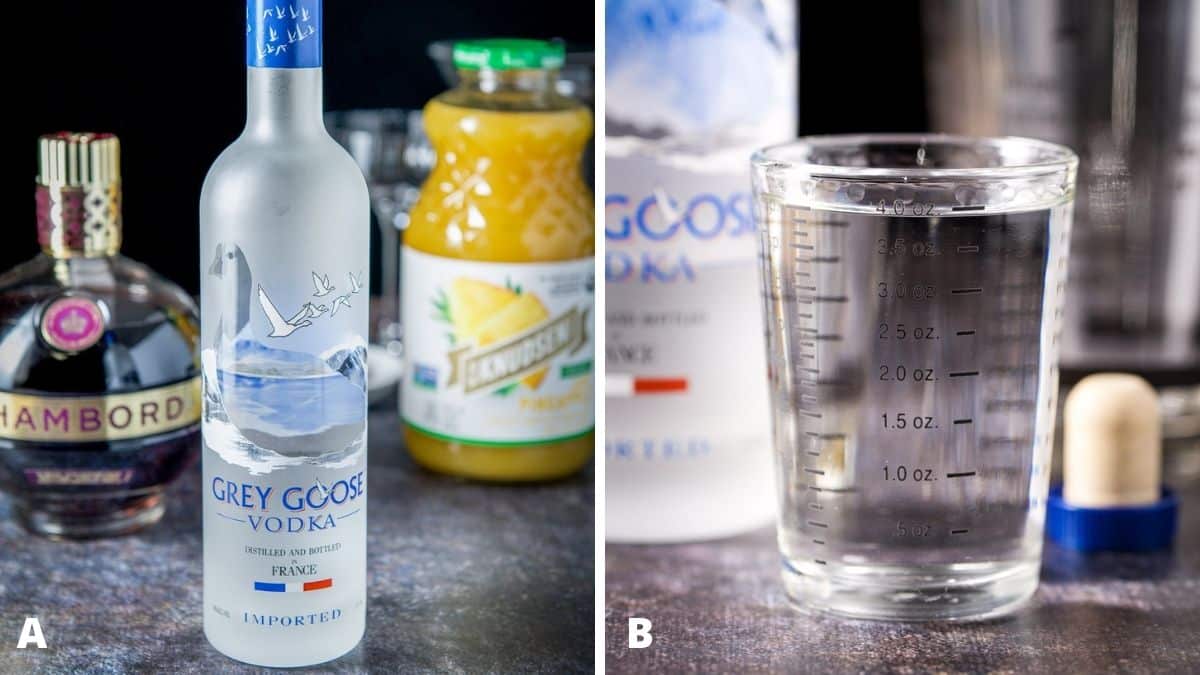 Left - vodka, raspberry liqueur and pineapple juice. Right - vodka measured out