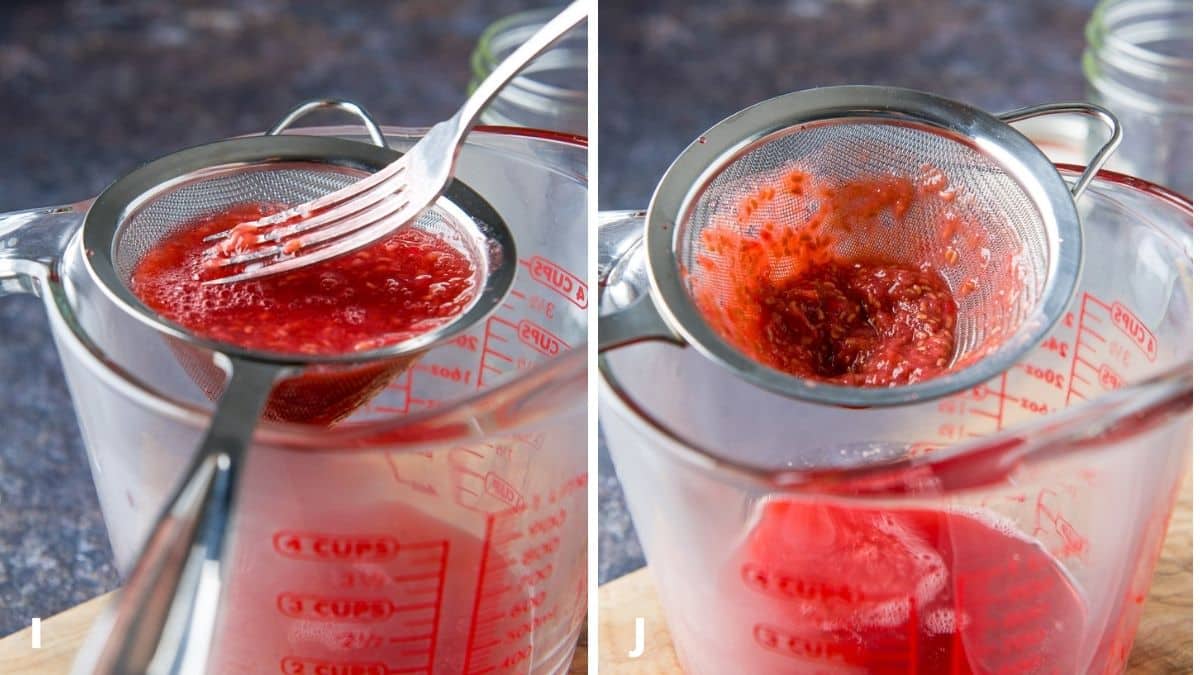 Left - a fork helping the raspberries strain into the glass. Right - the seeds in the strainer