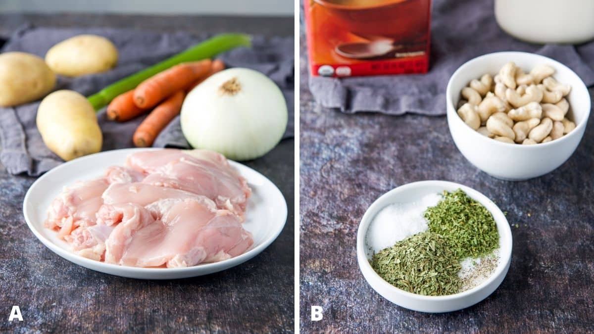 Left - chicken, onion, carrots, celery and potatoes. Right- herbs, salt, cashews, milk and broth